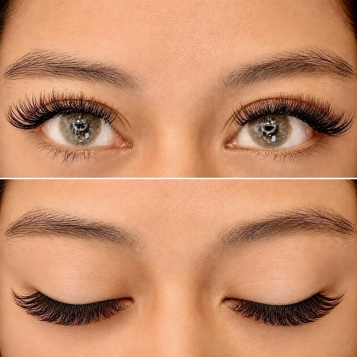Cat Eye lash extensions before and after, eyes open and closed, by Gina at AyuriNails Beauty Lounge